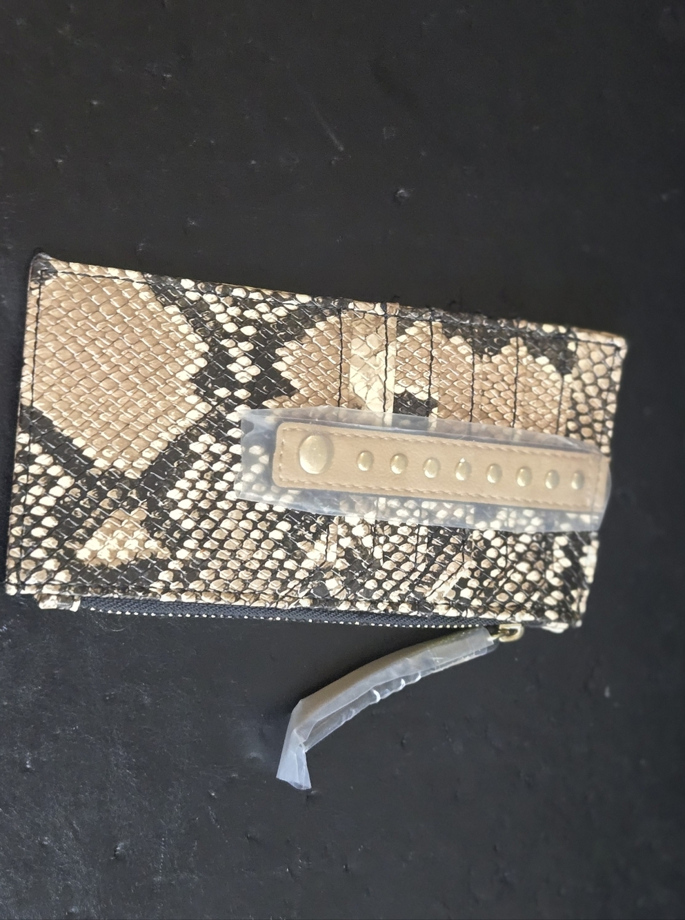 3/$20 Snake-Print Leather Card Holder Wallet in Tan & Black